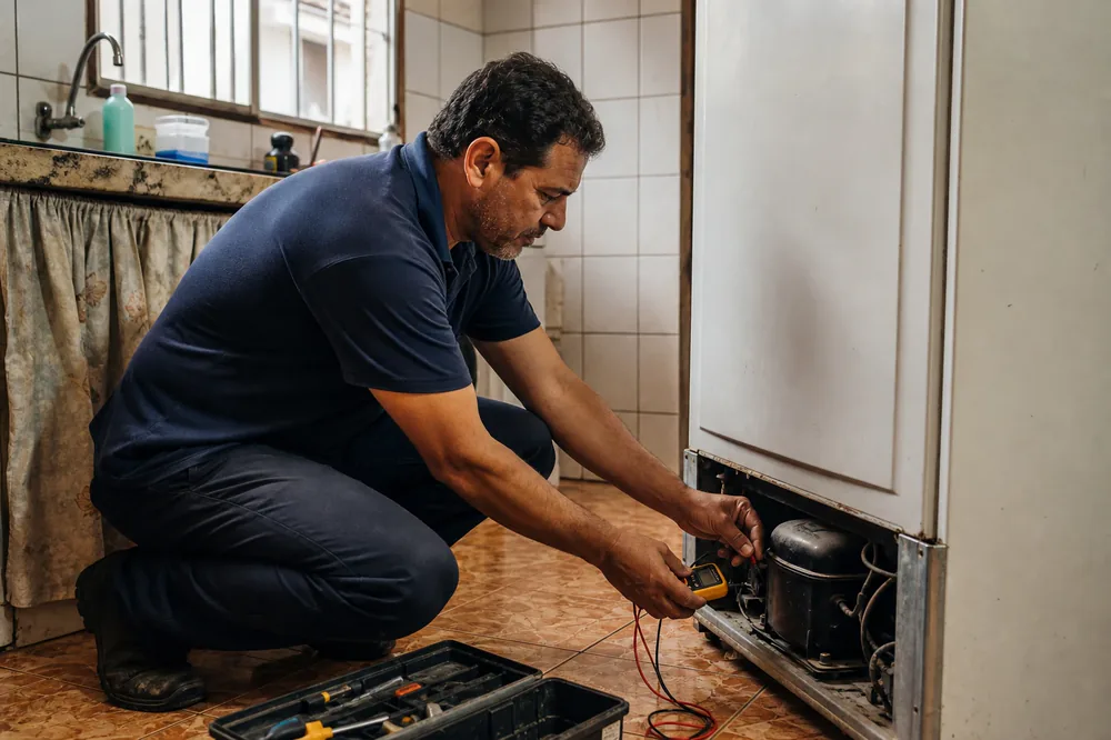 Técnico medindo o compressor de uma geladeira com multímetro na cozinha do cliente
